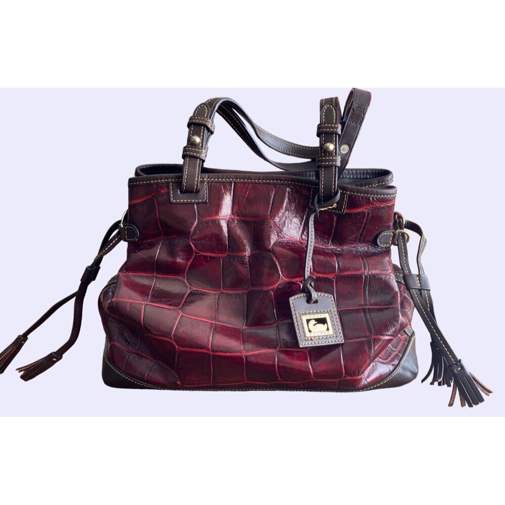 DOONEY & BOURKE CROC EMBOSSED BLACK/EGGPLANT LEATHER TOTE SHOULDER BAG